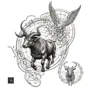 half taurus(bull) in left side and capricorn (goat) in right side. background is seraphim angel and cobweb tattoo design idea