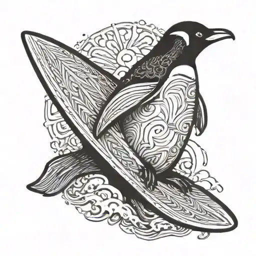 simple penguin holding surfboard tattoo design idea