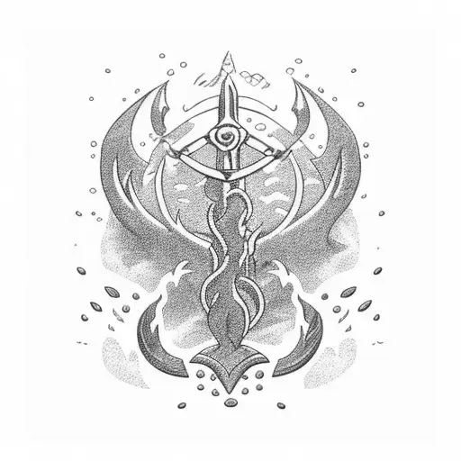 A majestic underwater scene with a mythical trident rising from the depths of the ocean tattoo design idea