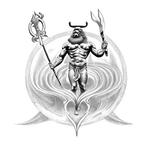 A majestic Poseidon holding a trident, surrounded by swirling waves tattoo design idea