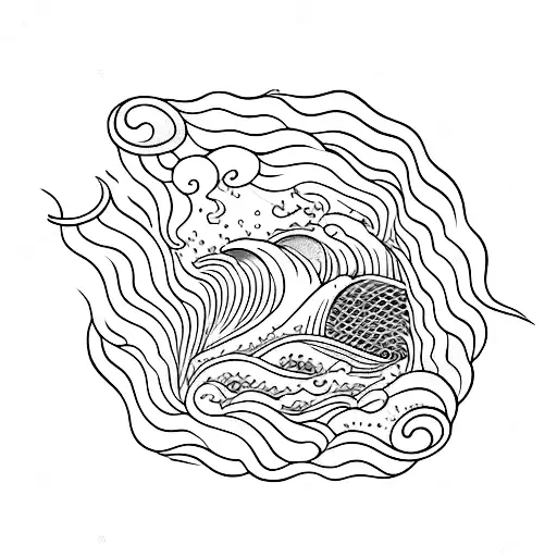 A majestic ocean wave crashing against a trident, surrounded by seashells. tattoo design idea