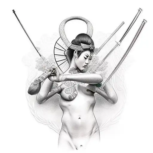 Nude samurai girl half sleeve  tattoo design idea