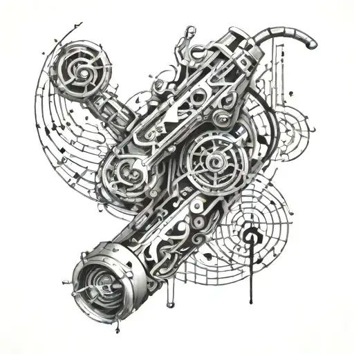 A futuristic cybernetic arm intertwined with musical notes and symbols representing DAMNIT DEVIN's passion for music tattoo design idea