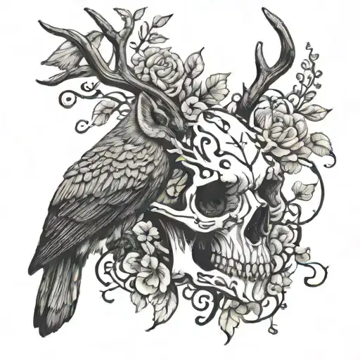 deer skull, flowers and vines surrounding a pair of hands holding a crow tattoo design idea