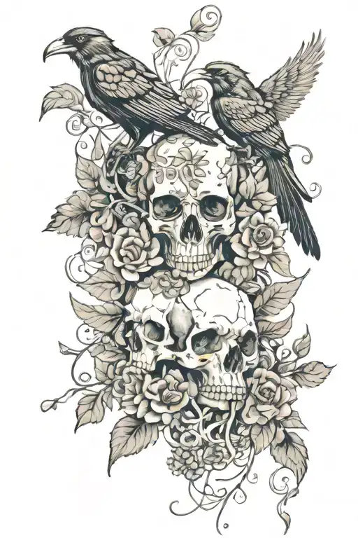  assortment of flowers, vines and animal skulls that surround a pair of hands holding a crow and dagger  tattoo design idea
