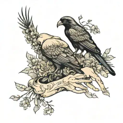 Animal skulls, flowers and vines surrounding a pair of hands holding a crow tattoo design idea