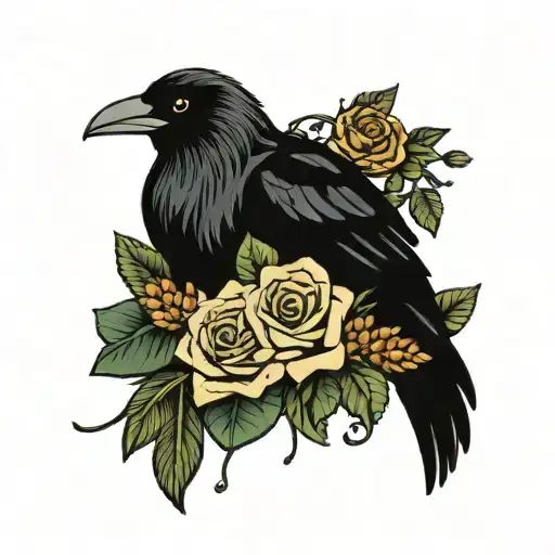 animal heads , flowers and vines surrounding a pair of hands holding a crow tattoo design idea