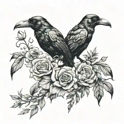 animal heads , flowers and vines surrounding a pair of hands holding a crow tattoo design idea