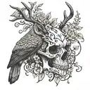 deer skull, flowers and vines surrounding a pair of hands holding a crow tattoo design idea