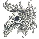 deer skull, flowers and vines surrounding a pair of hands holding a crow tattoo design idea