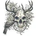 deer skull, flowers and vines surrounding a pair of hands holding a crow tattoo design idea