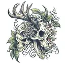 deer skull, flowers and vines surrounding a pair of hands holding a crow tattoo design idea