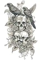  assortment of flowers, vines and animal skulls that surround a pair of hands holding a crow and dagger  tattoo design idea