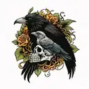 animal heads , flowers and vines surrounding a pair of hands holding a crow tattoo design idea
