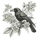 animal heads , flowers and vines surrounding a pair of hands holding a crow tattoo design idea