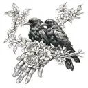 animal heads , flowers and vines surrounding a pair of hands holding a crow tattoo design idea