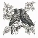 animal heads , flowers and vines surrounding a pair of hands holding a crow tattoo design idea