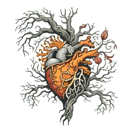 A tree with roots wrapped around an anatomical heart, include a Phoenix on fire coming off the tree and three magical po tattoo design idea