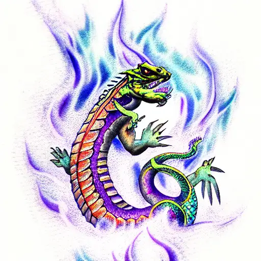 Water Dragon Exhales flames with purple background tattoo design idea