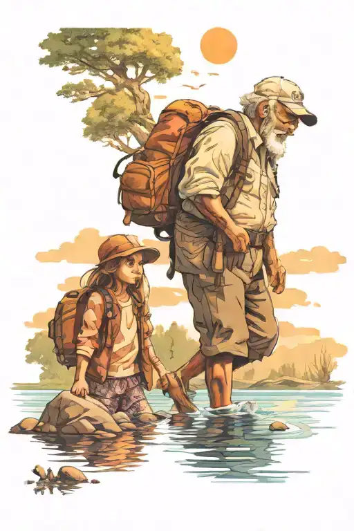 a lake scene with a grandfather and granddaughter walking on the shore tattoo design idea