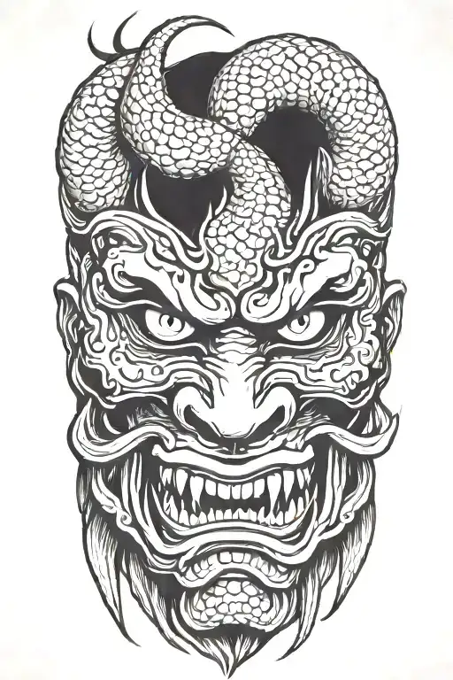 oni mask with snake tattoo design idea