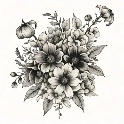 A delicate bouquet of birth flowers from May, February, April, October, and December arranged in a minimalist style tattoo design idea