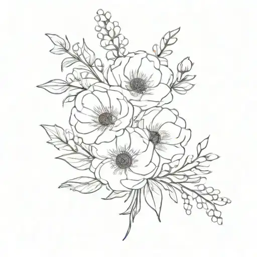 A delicate bouquet of birth flowers from May, February, April, October, and December arranged in a minimalist style tattoo design idea