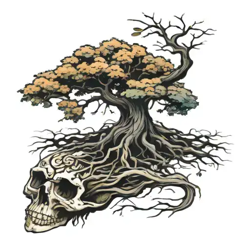 A tree with outstretched roots, half dry and half alive. tattoo design idea
