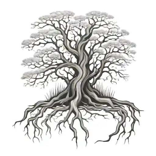 A tree with outstretched roots, half dry and half alive. tattoo design idea