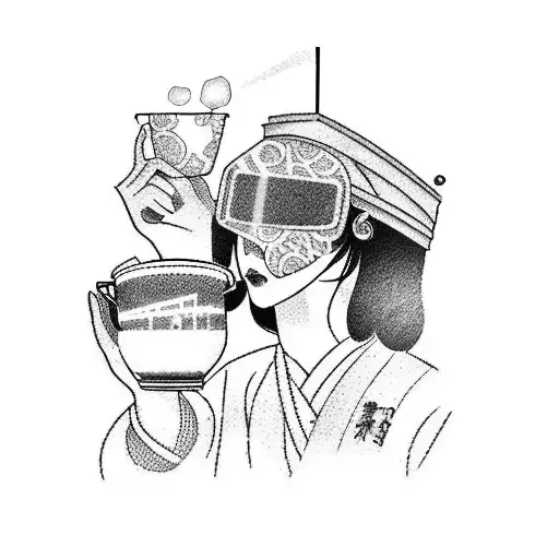 A Japanese geisha holding a welding mask and a cup of coffee tattoo design idea