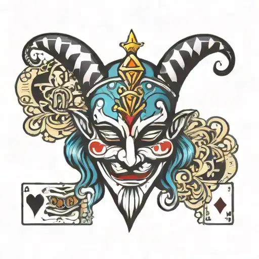 Jester mask, symetrical, poker face tattoo design idea