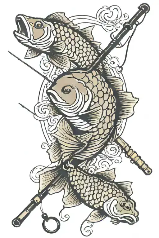 fishing rod with a line and a carp swimming tattoo design idea