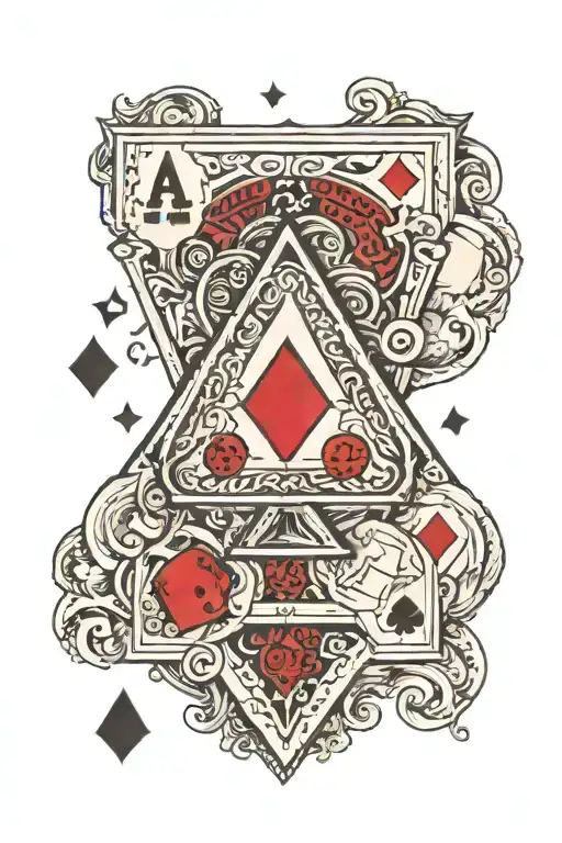 ace of spades playing card featuring a poker chip and a dice and a tetrahedron dice tattoo design idea