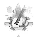 guitar with aeroplane and camera tattoo design idea