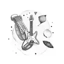 guitar with aeroplane and camera tattoo design idea