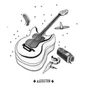 guitar with aeroplane and camera tattoo design idea