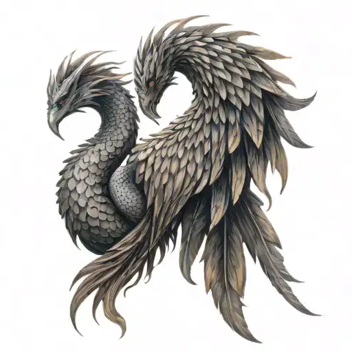 A phoenix and dragon intertwined, detailed feathers and scales. tattoo design idea