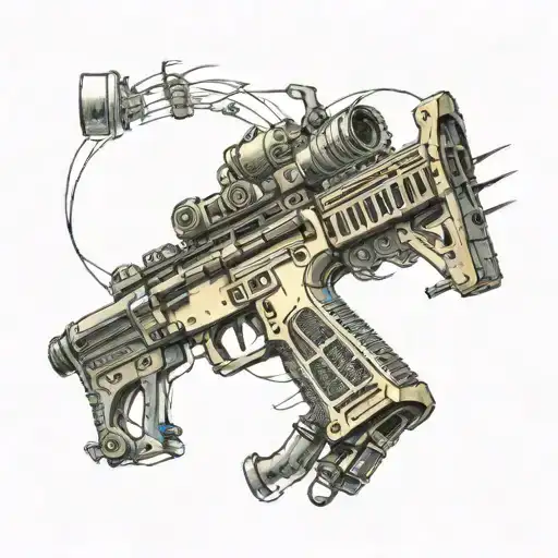 Tattoo Design Prompt:      Main Element: AR-15 Firearm         Position: Diagonally placed across the breast area, from the upper chest to the side of the breast.         Details: Highly detailed with clear features such as the stock, barrel, and sight.      Bullets:         Integration: Surrounding the AR-15, some appearing to be in motion as if being fired.         Placement: Scattered around to create a dynamic and action-filled feel.      Justice Tarot Card:         Position: In the background, slightly larger and behind the AR-15.         Details: Showcasing the scales, sword, and the figure of justice, possibly with a blindfold.         Blending: Partially visible, blending into the background for a layered effect.      Additional Elements:         Effects: Smoke or light trails around the bullets and firearm to add depth and motion.         Framing: Subtle shading or geometric patterns around the edges to frame the tattoo and add a modern touch.      Color Scheme:         Primary Colors: Black and grey for the firearm and bullets, with metallic highlights.         Justice Card Colors: Muted colors with gold accents for the scales and sword. tattoo design idea