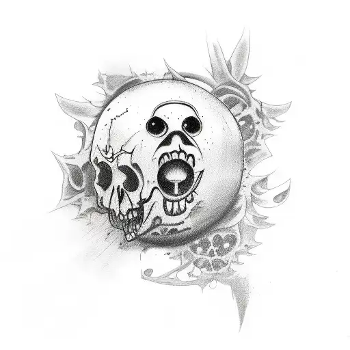 A sketch style tattoo of a horror movie inspired pomegranate surrounded by Japanese motifs tattoo design idea