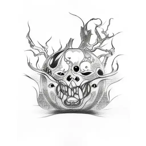 A sketch style tattoo of a horror movie inspired pomegranate surrounded by Japanese motifs tattoo design idea