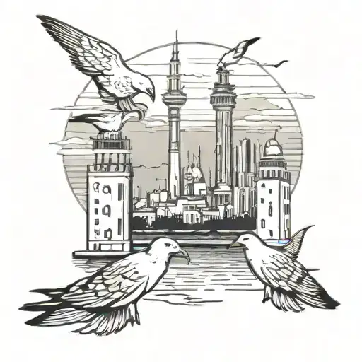 seaguls, burj kalifa, monopoli town skyline tattoo design idea