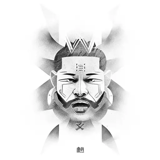 An abstract representation of The Weeknd's face blended with traditional Japanese mask motifs tattoo design idea