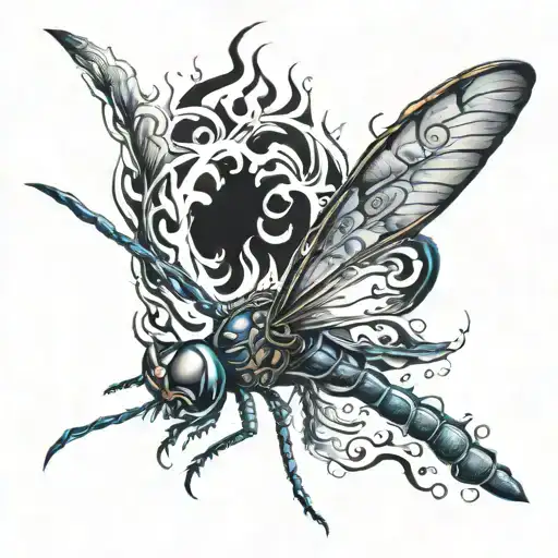 i want a upside down dragon fly with burning flames   tattoo design idea