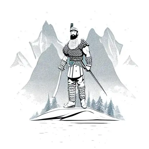 A Viking warrior standing alone on a snowy mountain peak, surrounded by silence tattoo design idea