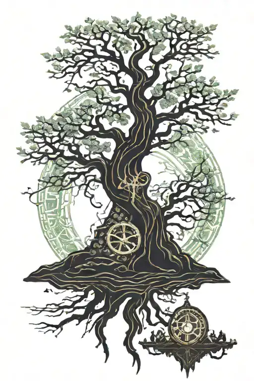 A tree of life tree with religious symbols carved cruelly into the bark (an ahnk, a deathshead moth, a skull, pentagram  tattoo design idea
