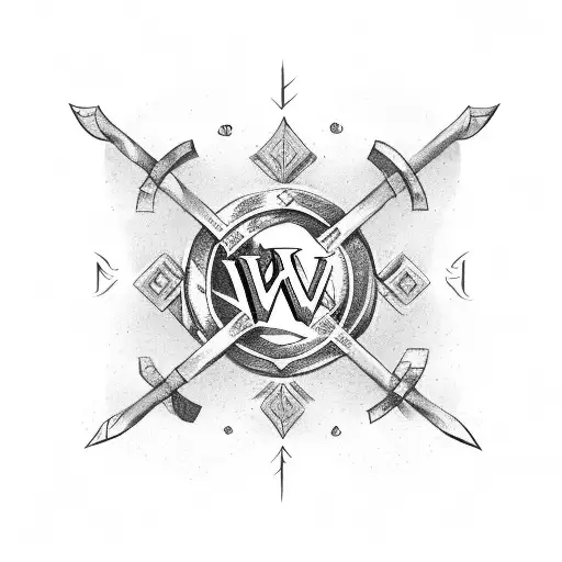 War Banner with the 2 letters A above it with magic swirling around it and a might scepter is carved on the ground front tattoo design idea