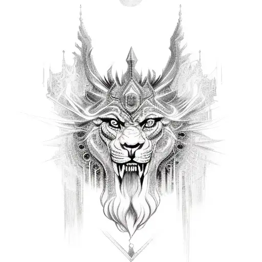 A majestic war totem adorned with intricate magic symbols, standing tall in a mystical landscape tattoo design idea