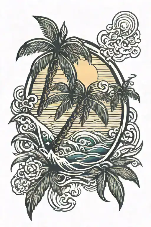 thin palm tree with sun and waves tattoo design idea