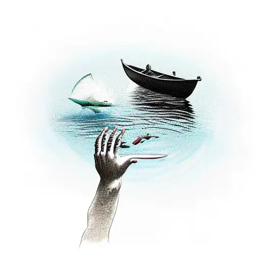 fisherman in a boat washing his hand in the ocean for blood will trying to catch a merlin tattoo design idea