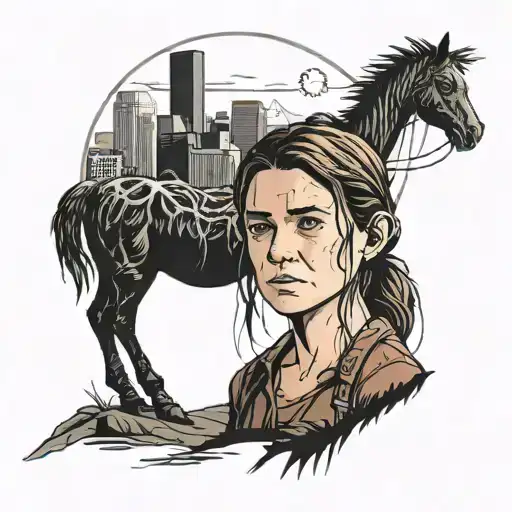 abby from the last of us part 2 against the seattle skyline  tattoo design idea